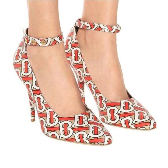 NWT BURBERRY Runway Red & Beige TB Monogram Logomania Ankle Strap Pumps … - Picture 2 of 13